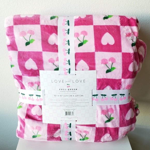 Plush Full/Queen Blanket Cherries Hearts Pink Checkered Soft Coquette - Picture 3 of 7